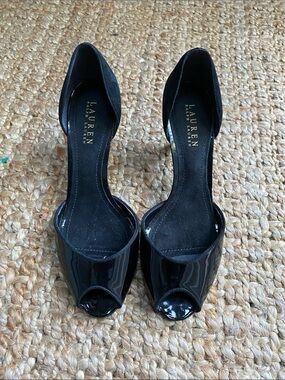 Lauren Ralph Lauren Black Patent Peep Toe D'Orsay Heels, Size 8